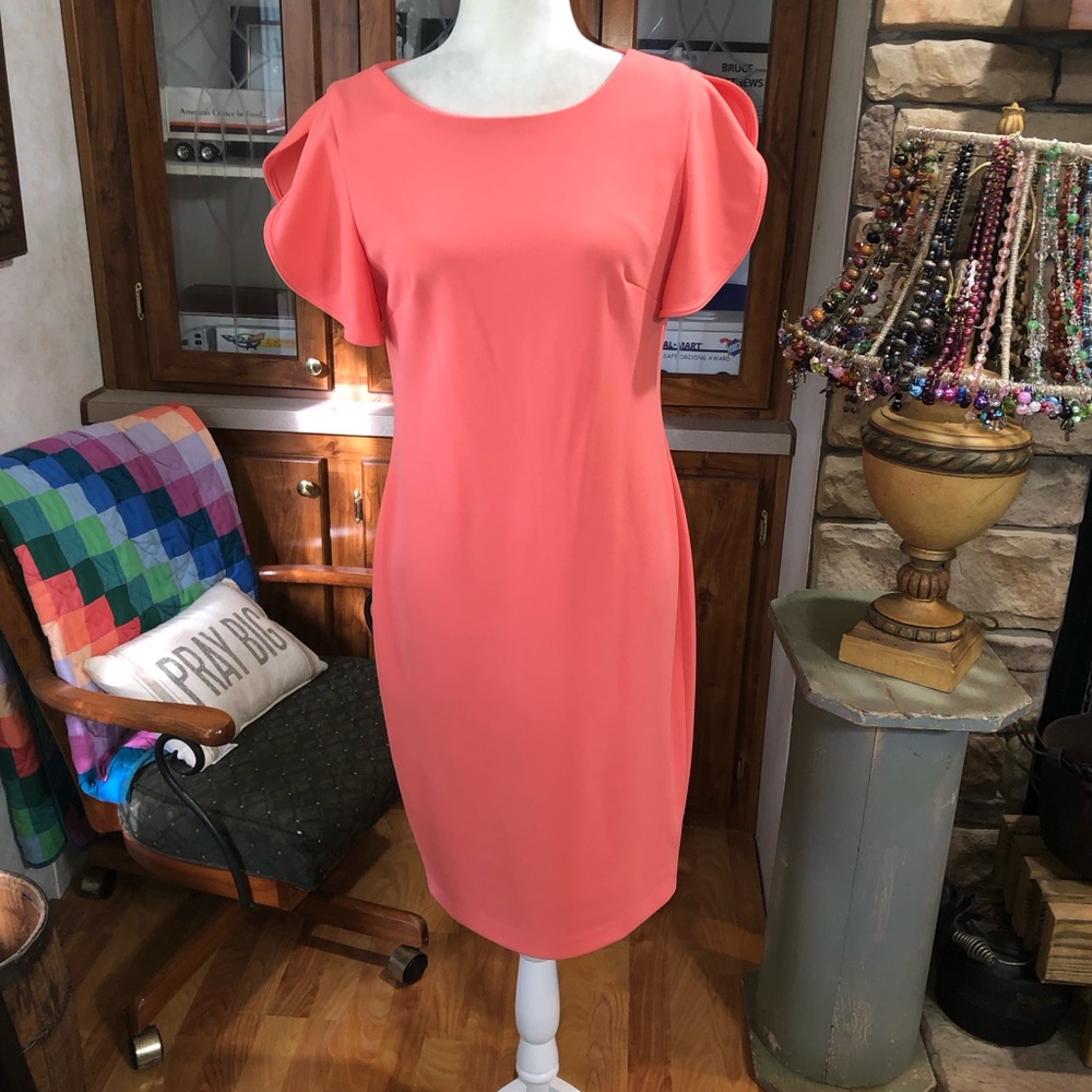 Calvin Klein Coral Midi Dress with Flutter Sleeves